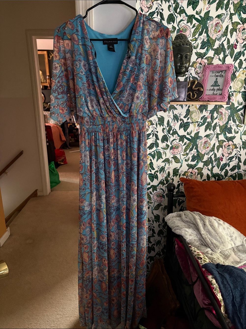 Sky Blue Floral Maxi Dress with V-Neck and Smocked Waist